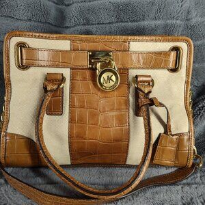 Michael Kors Hamilton Canvas, Croc Embossed Leather Shoulder Bag Lock & Key